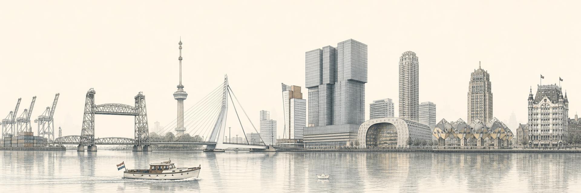 Panoramisch silhouet van de Rotterdamse skyline met een varend bootje